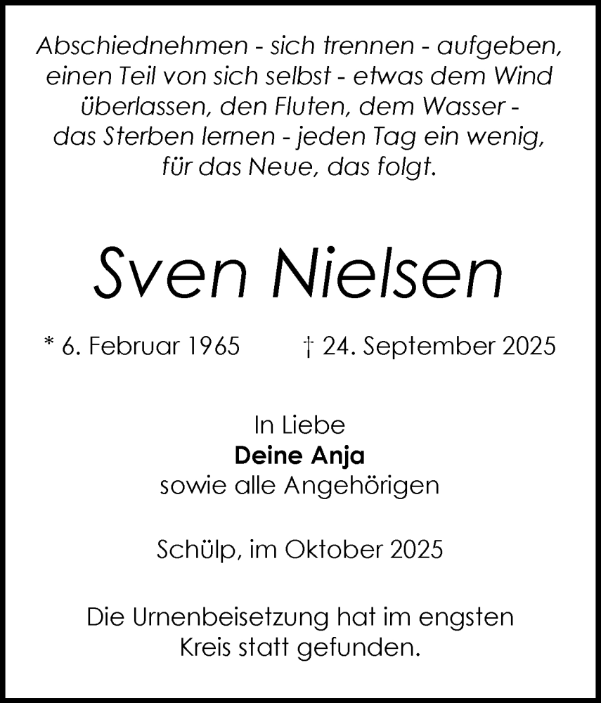  Traueranzeige für Sven Nielsen vom 18.10.2025 aus Schleswig-Holsteinische Landeszeitung