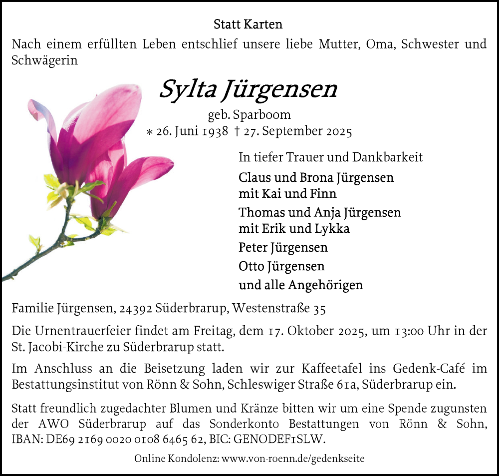 Traueranzeige für Sylta Jürgensen vom 11.10.2025 aus Region Flensburg
