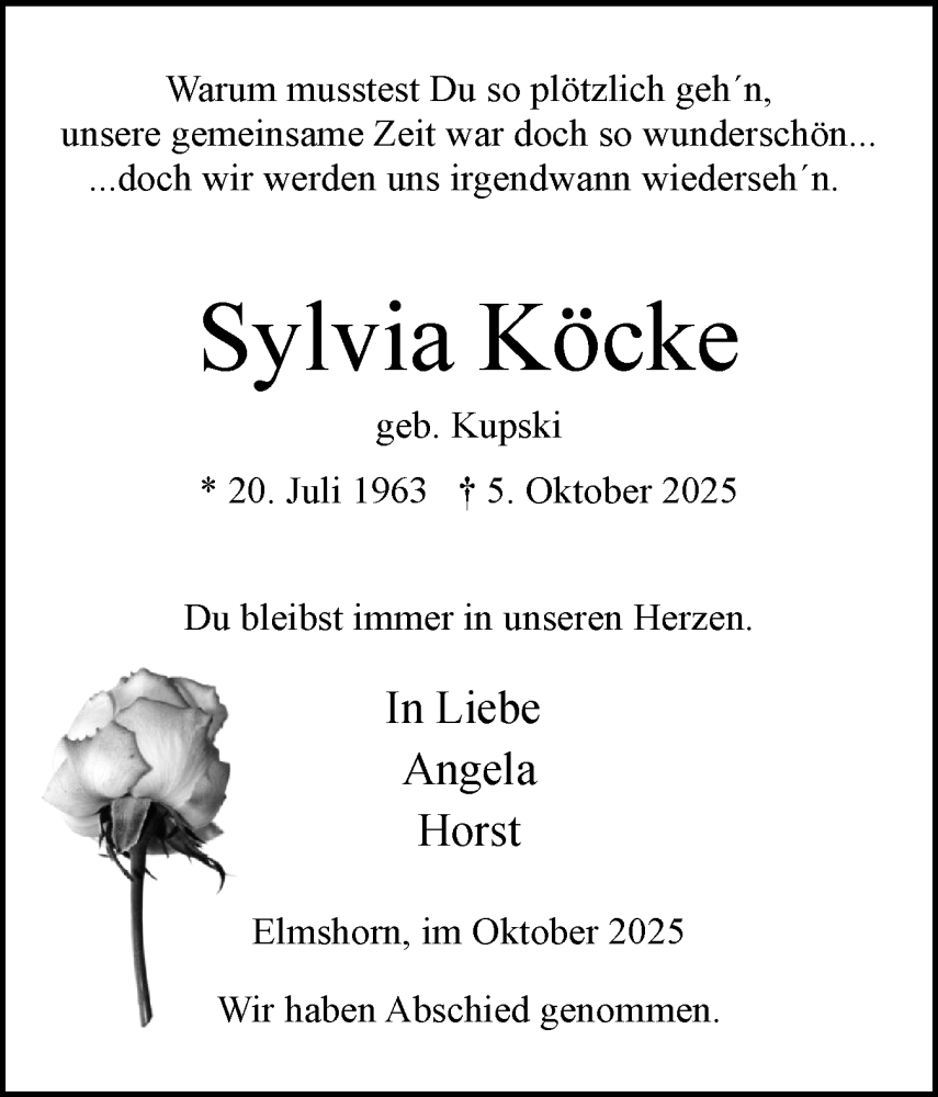 Traueranzeige für Sylvia Köcke vom 25.10.2025 aus Elmshorner Nachrichten, Barmstedter Zeitung