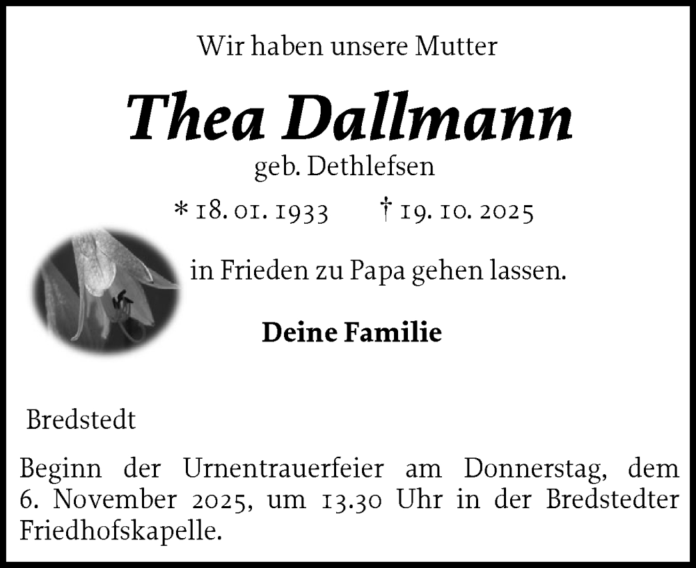  Traueranzeige für Thea Dallmann vom 25.10.2025 aus Die WochenSchau Gesamtausgabe