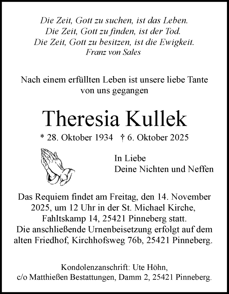  Traueranzeige für Theresia Kullek vom 01.11.2025 aus Region Pinneberg und tip Pinneberg
