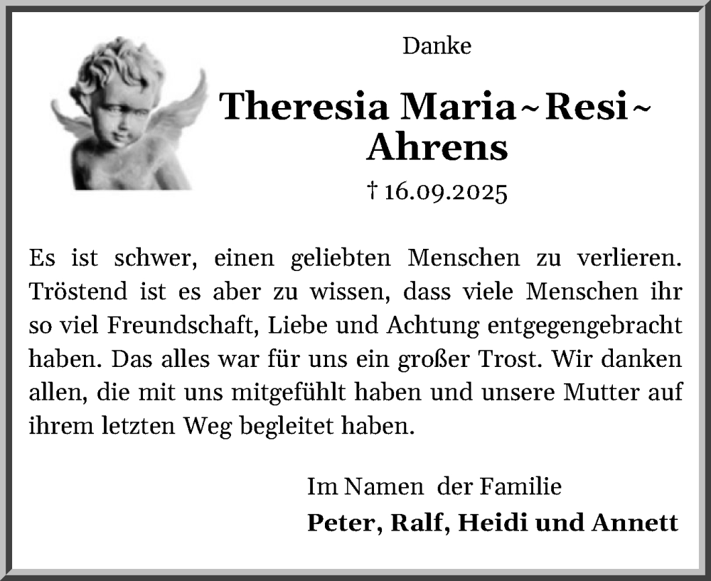  Traueranzeige für Theresia Maria Ahrens vom 01.11.2025 aus Husumer Nachrichten, Nordfriesland Tageblatt