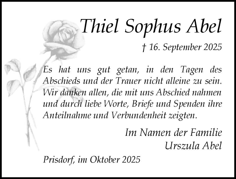  Traueranzeige für Thiel Sophus Abel vom 25.10.2025 aus Region Pinneberg und tip Pinneberg
