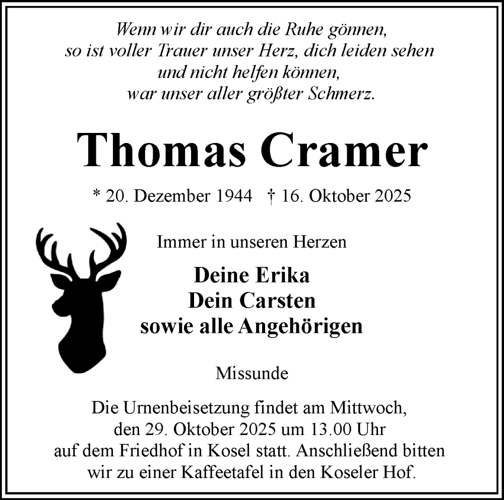  Traueranzeige für Thomas Cramer vom 25.10.2025 aus Eckernförder Zeitung, Hallo Eckernförde