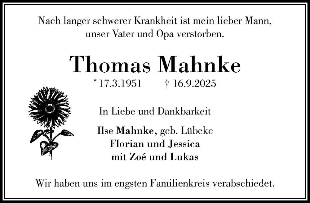  Traueranzeige für Thomas Mahnke vom 11.10.2025 aus MARKT Ratzeburg/Mölln