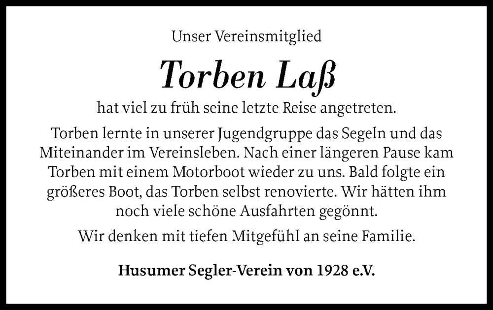  Traueranzeige für Torben Laß vom 01.11.2025 aus Husumer Nachrichten, Nordfriesland Tageblatt