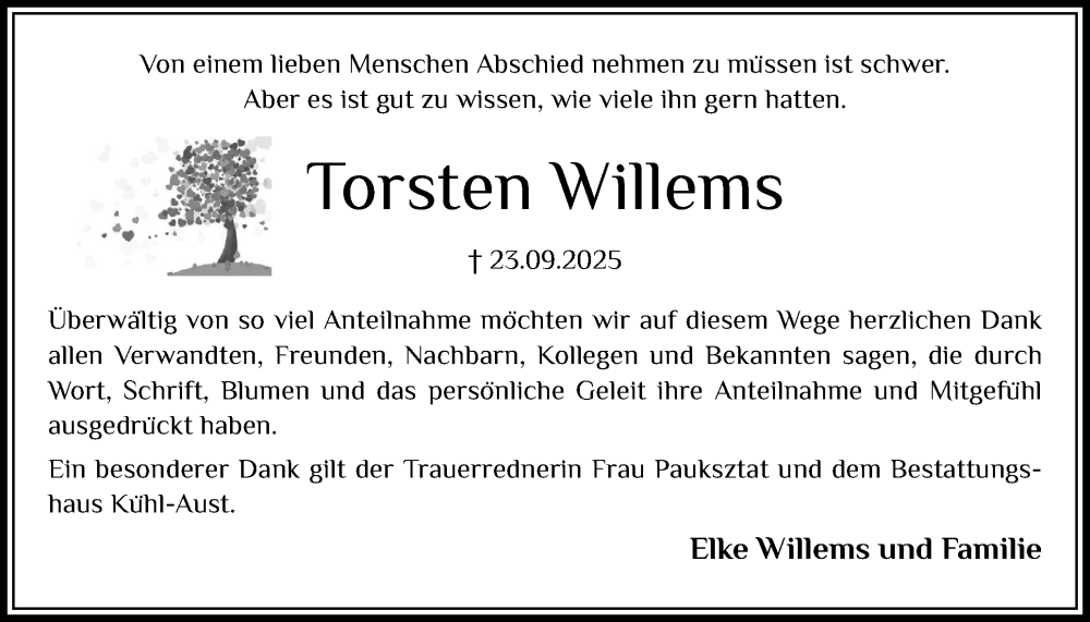  Traueranzeige für Torsten Willems vom 25.10.2025 aus Schleswig-Holsteinische Landeszeitung