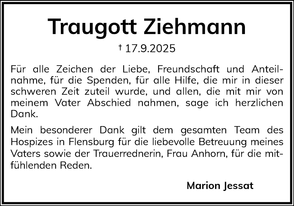  Traueranzeige für Traugott Ziehmann vom 11.10.2025 aus Flensburger Tageblatt