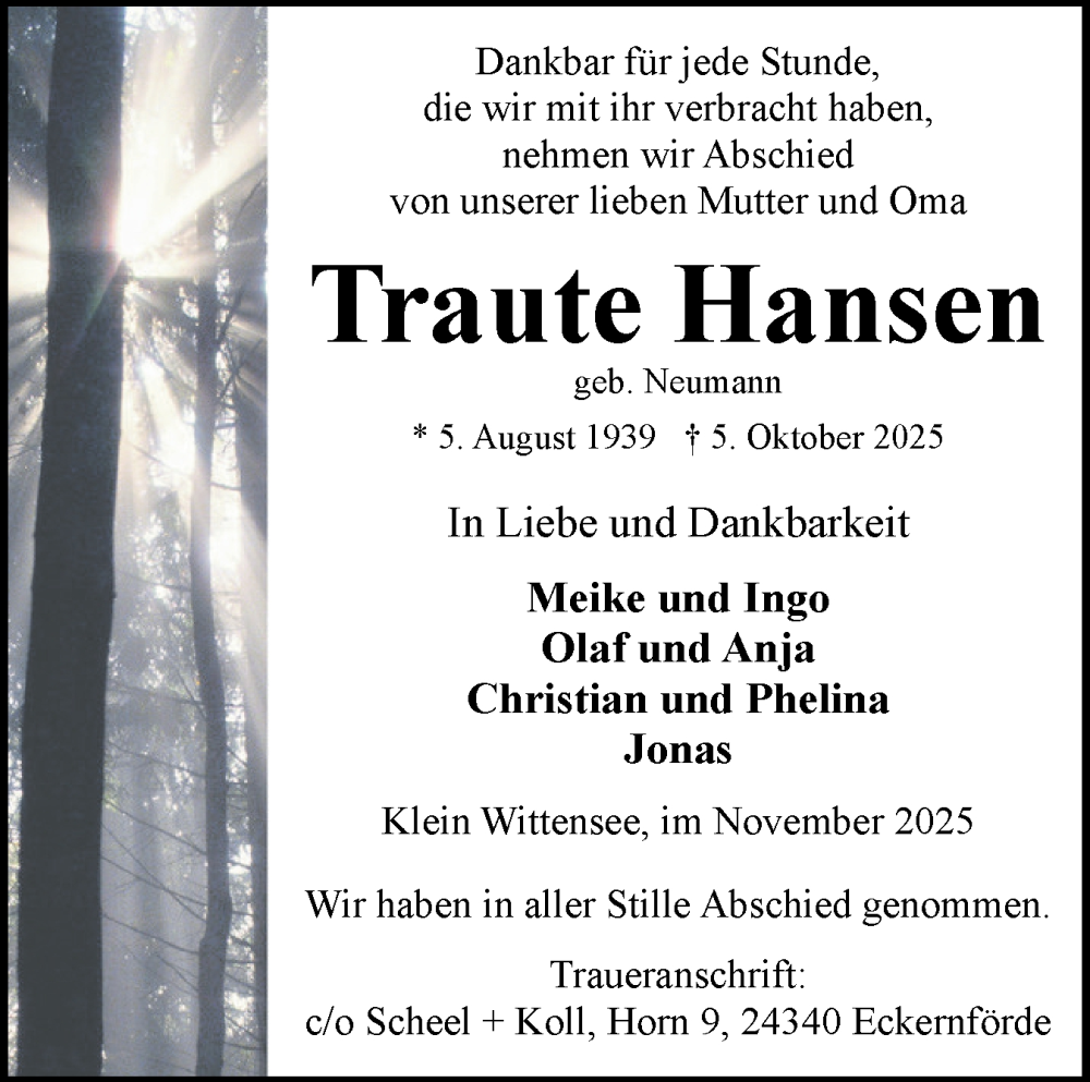  Traueranzeige für Traute Hansen vom 01.11.2025 aus Eckernförder Zeitung, Hallo Eckernförde