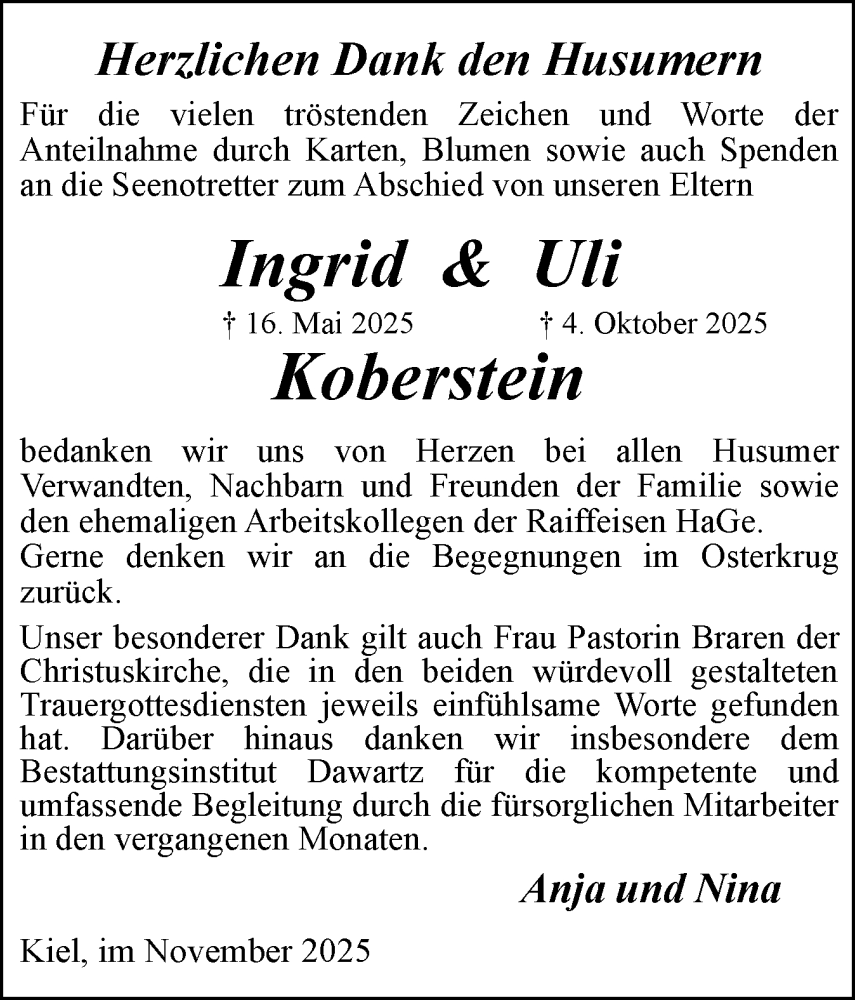  Traueranzeige für Uli Koberstein vom 01.11.2025 aus Husumer Nachrichten, Nordfriesland Tageblatt