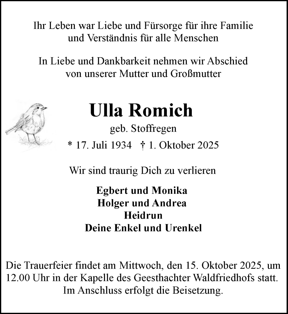  Traueranzeige für Ulla Romich vom 11.10.2025 aus Wochenend Anzeiger