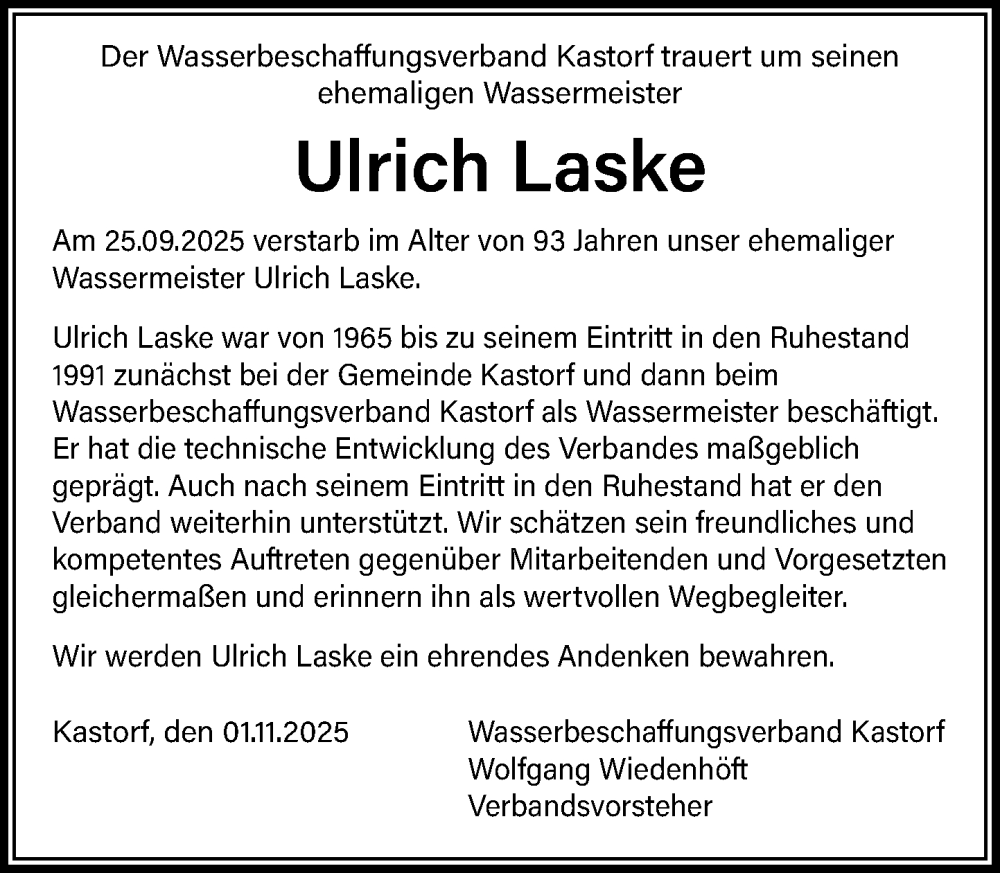 Traueranzeige für Ulrich Laske vom 01.11.2025 aus MARKT Ratzeburg/Mölln