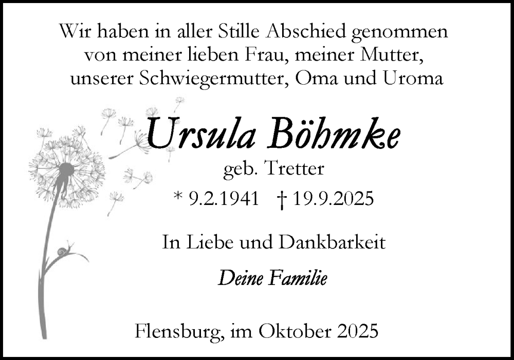  Traueranzeige für Ursula Böhmke vom 11.10.2025 aus Flensburger Tageblatt