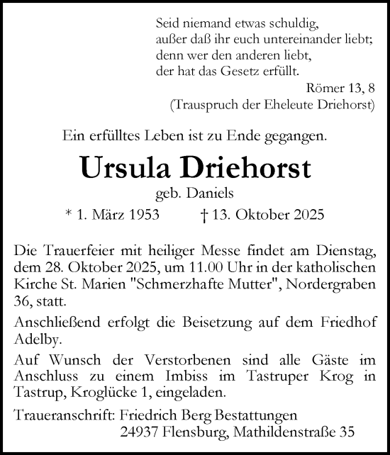 Traueranzeige von Ursula Driehorst von Flensburger Tageblatt