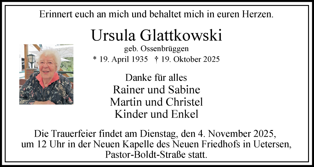  Traueranzeige für Ursula Glattkowski vom 01.11.2025 aus Uetersener Nachrichten, Der tip am Wochenende