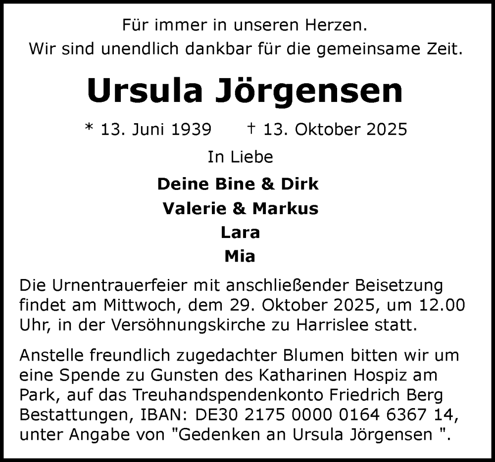  Traueranzeige für Ursula Jörgensen vom 18.10.2025 aus Flensburger Tageblatt