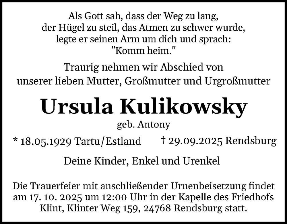  Traueranzeige für Ursula Kulikowsky vom 11.10.2025 aus Schleswig-Holsteinische Landeszeitung