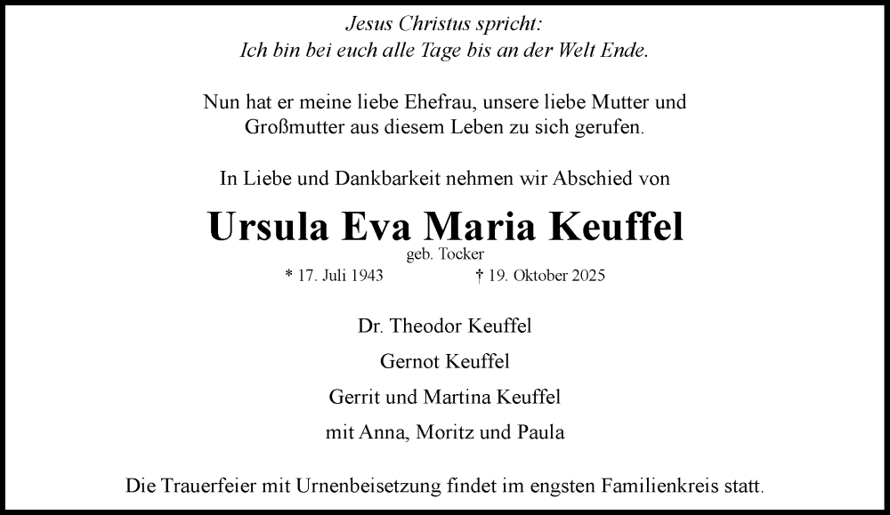  Traueranzeige für Ursula Eva Maria Keuffel vom 01.11.2025 aus MARKT Ratzeburg/Mölln