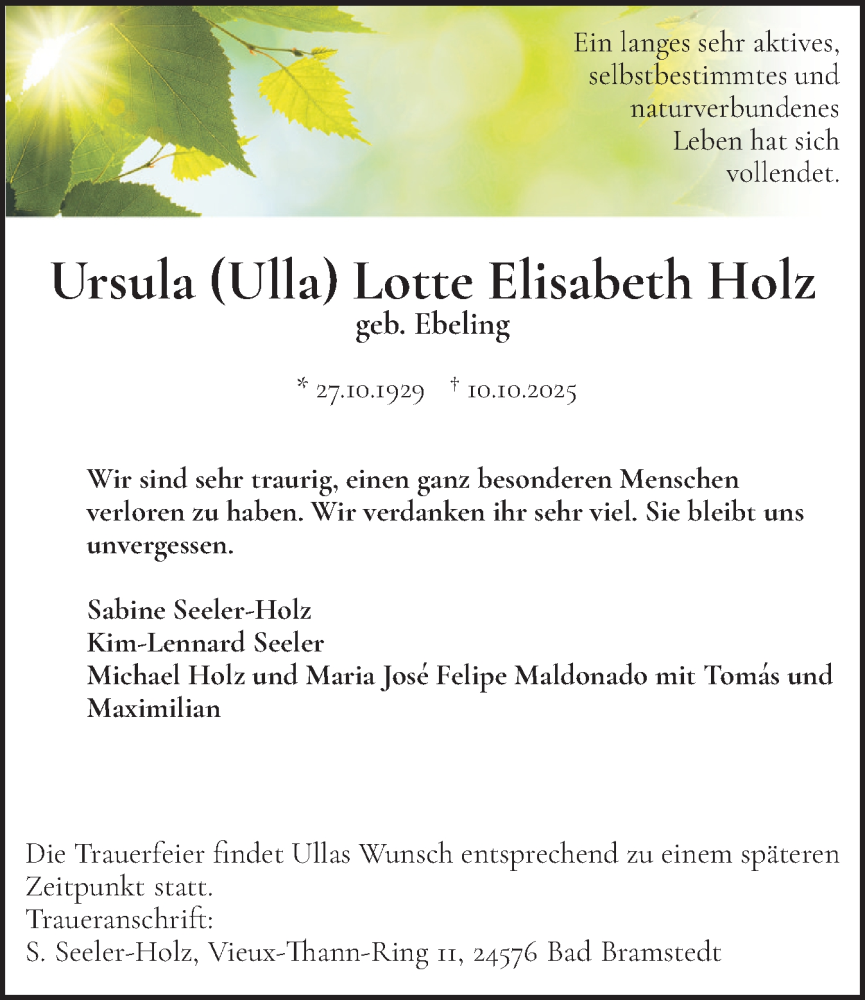  Traueranzeige für Ursula Lotte Elisabeth Holz vom 18.10.2025 aus Uetersener Nachrichten, Der tip am Wochenende