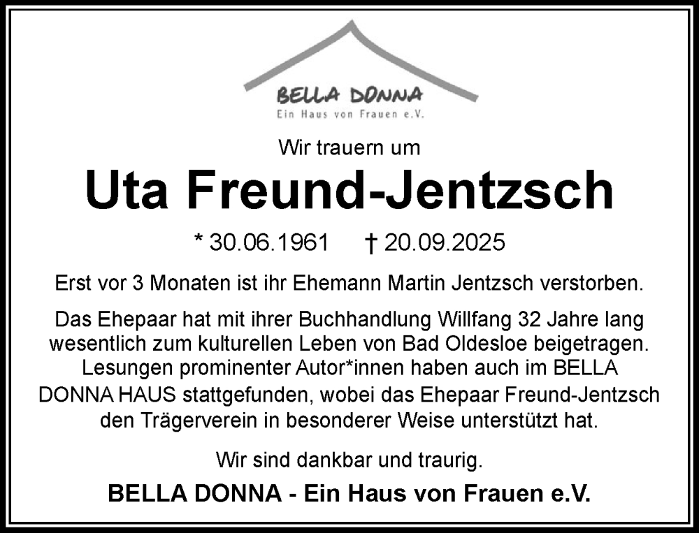  Traueranzeige für Uta Freund-Jentzsch vom 04.10.2025 aus MARKT Bad Oldesloe/Reinfeld und Stormarner Tageblatt