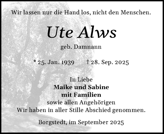 Traueranzeige von Ute Alws von Schleswig-Holsteinische Landeszeitung