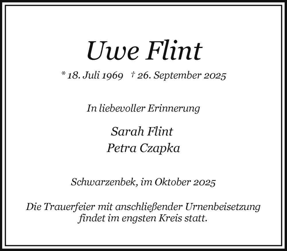  Traueranzeige für Uwe Flint vom 18.10.2025 aus Wochenend Anzeiger