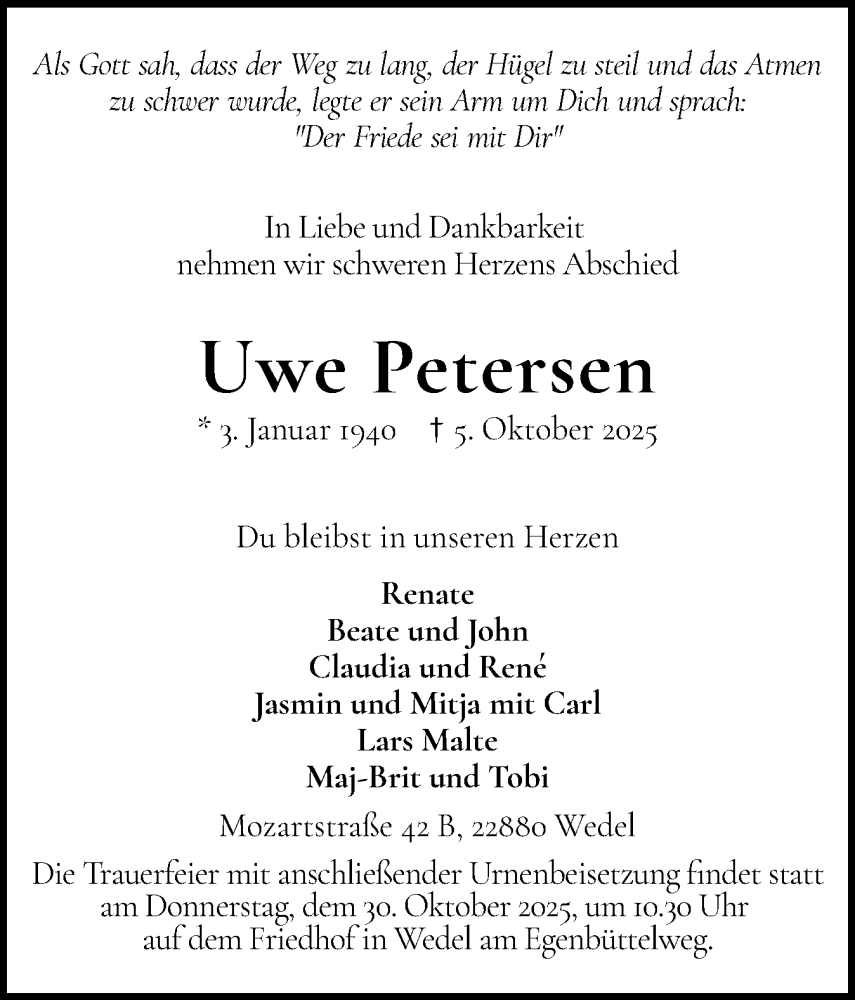  Traueranzeige für Uwe Petersen vom 25.10.2025 aus Wedel-Schulauer Tageblatt, tip Wedel-Schulauer Tageblatt, tip Rissener Rundschau