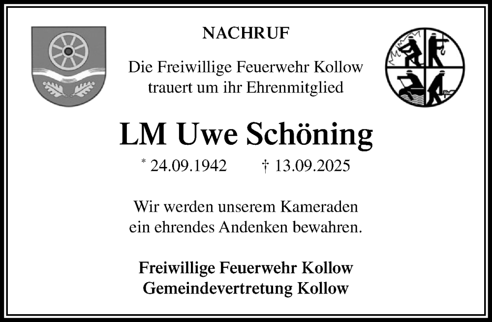  Traueranzeige für Uwe Schöning vom 18.10.2025 aus Wochenend Anzeiger