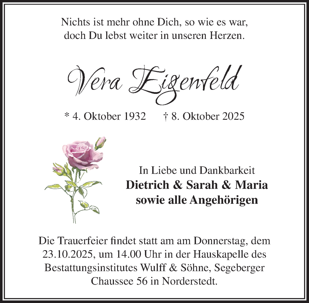  Traueranzeige für Vera Eigenfeld vom 18.10.2025 aus Heimatspiegel