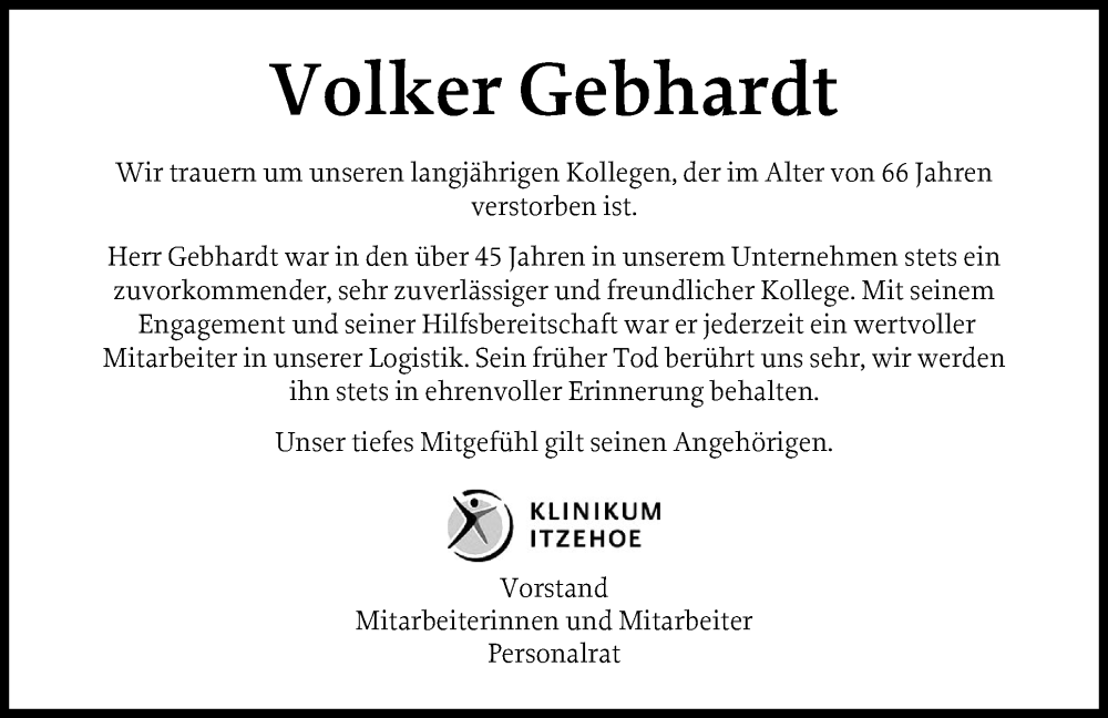  Traueranzeige für Volker Gebhardt vom 18.10.2025 aus Norddeutsche Rundschau, Wilstersche Zeitung, Glückstädter Fortuna