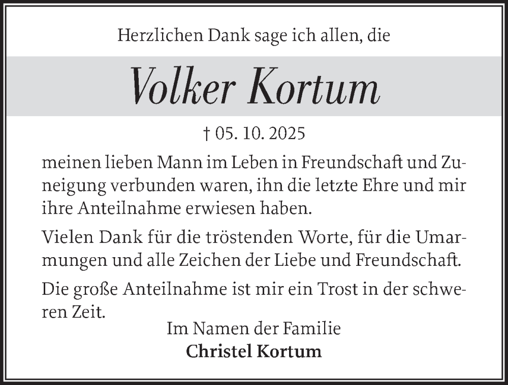  Traueranzeige für Volker Kortum vom 01.11.2025 aus Schleswiger Nachrichten, Schlei-Bote