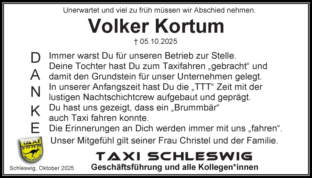  Traueranzeige für Volker Kortum vom 11.10.2025 aus Schleswiger Nachrichten, Schlei-Bote