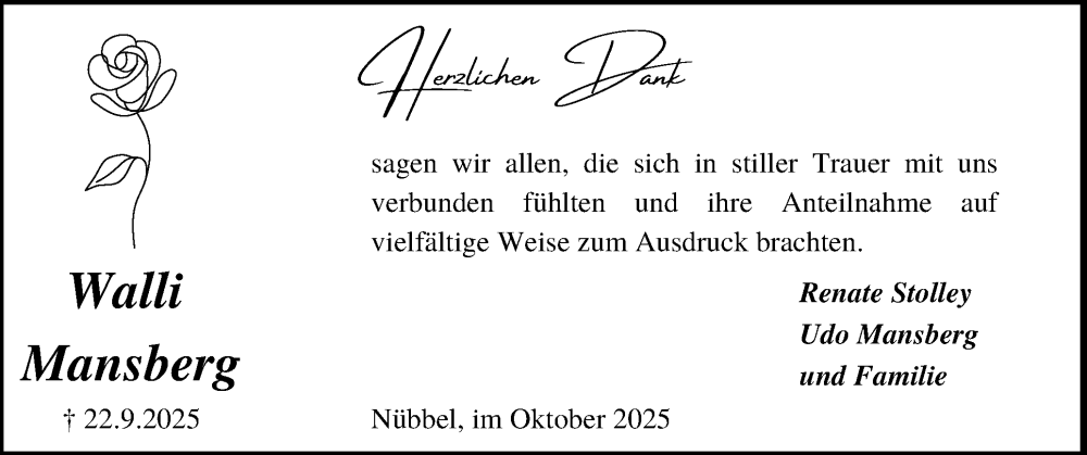  Traueranzeige für Walli Mansberg vom 18.10.2025 aus Schleswig-Holsteinische Landeszeitung