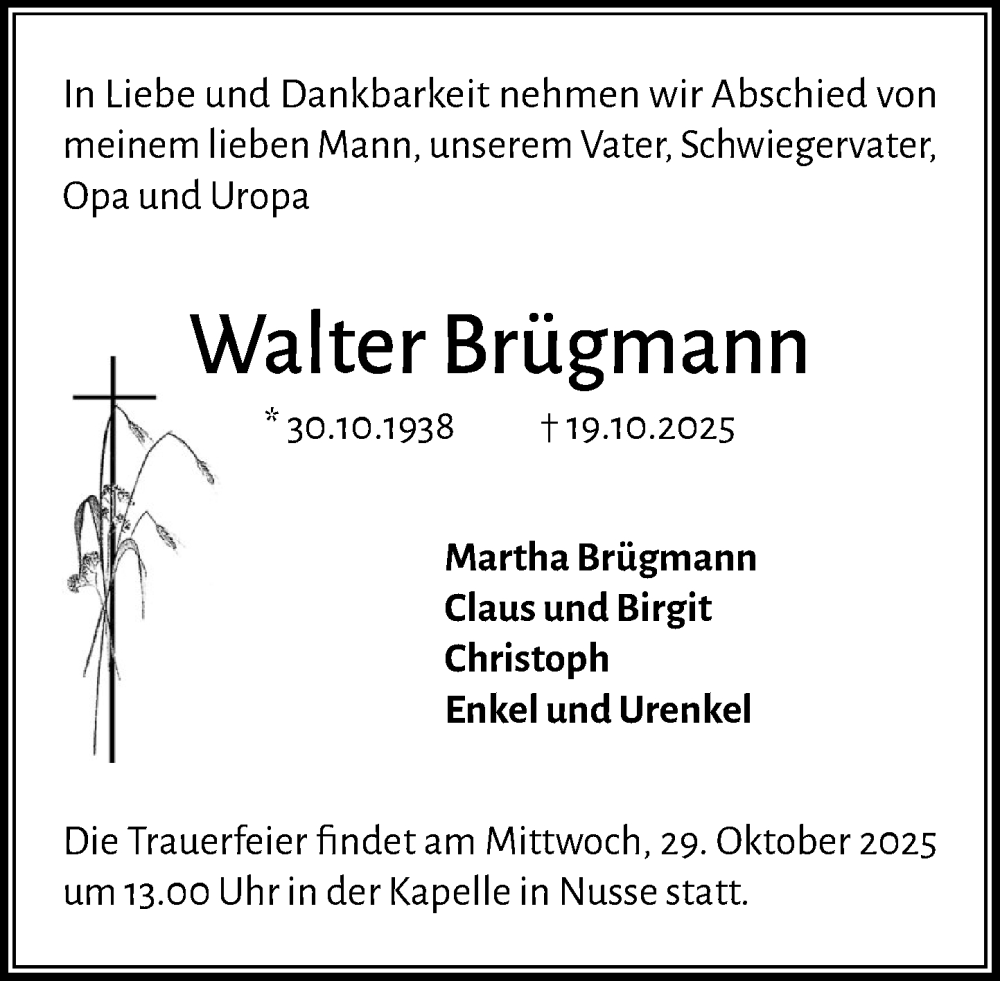  Traueranzeige für Walter Brügmann vom 25.10.2025 aus MARKT Ratzeburg/Mölln