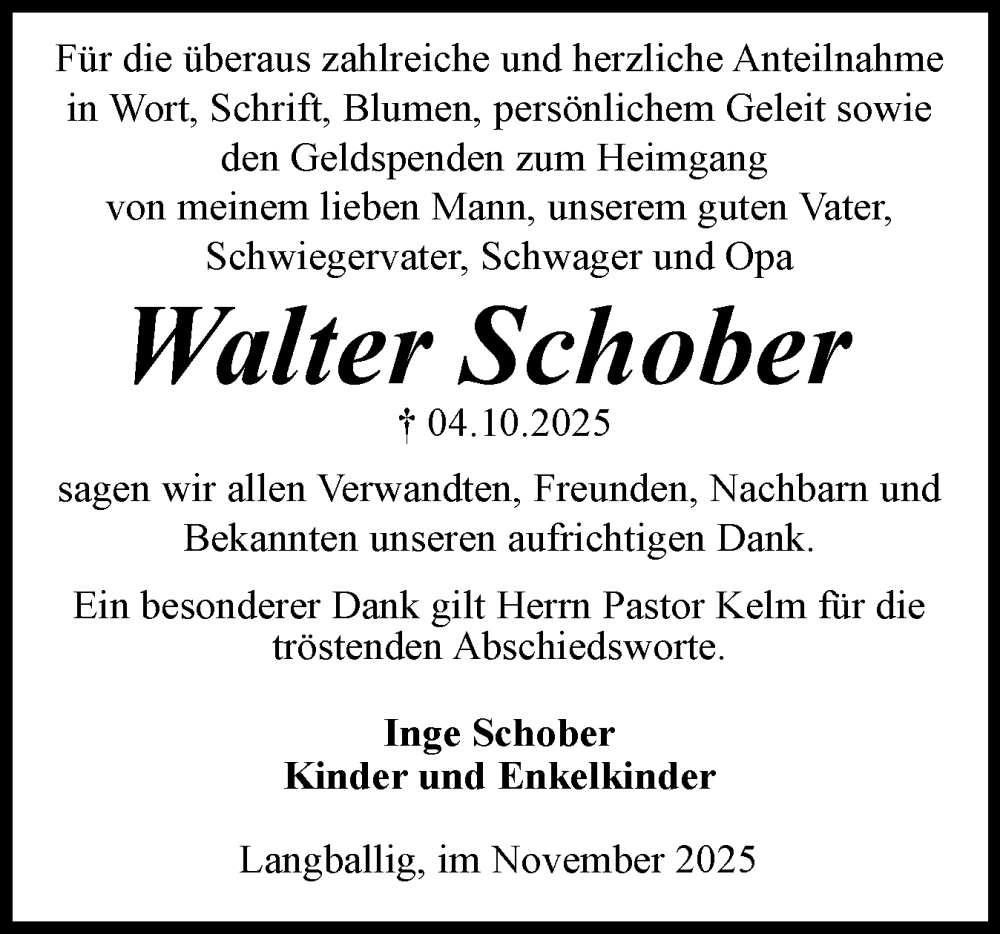  Traueranzeige für Walter Schober vom 01.11.2025 aus Flensburger Tageblatt