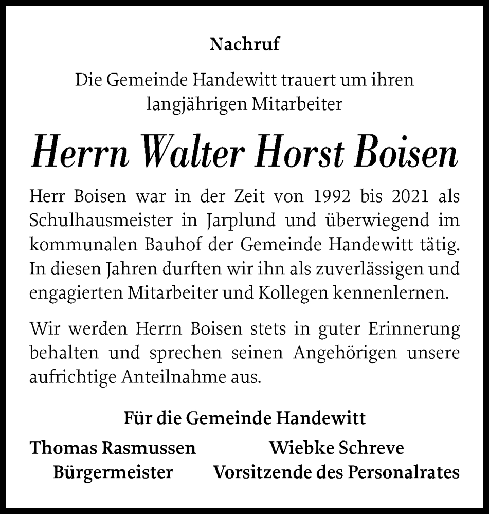  Traueranzeige für Walter Horst Boisen vom 27.10.2025 aus Flensburger Tageblatt