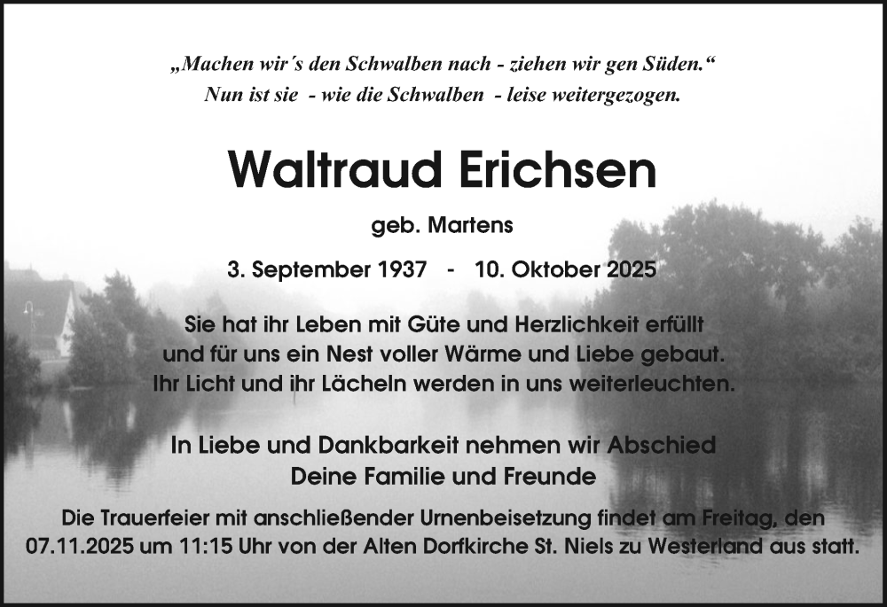  Traueranzeige für Waltraud Erichsen vom 01.11.2025 aus Sylter Rundschau