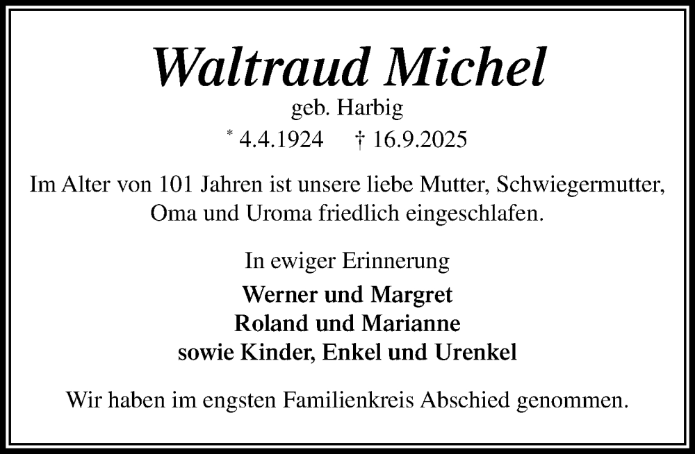  Traueranzeige für Waltraud Michel vom 11.10.2025 aus MARKT Glinde/Reinfeld