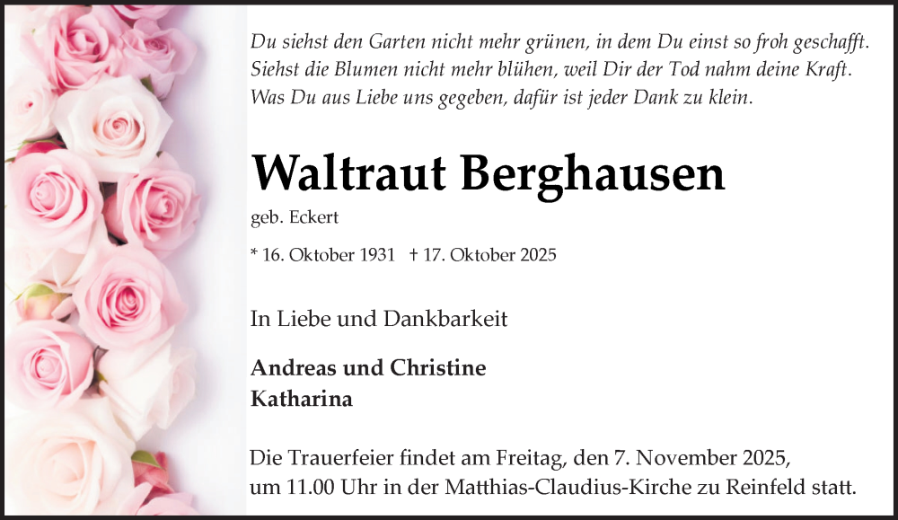  Traueranzeige für Waltraut Berghausen vom 01.11.2025 aus MARKT Bad Oldesloe/Reinfeld und Stormarner Tageblatt
