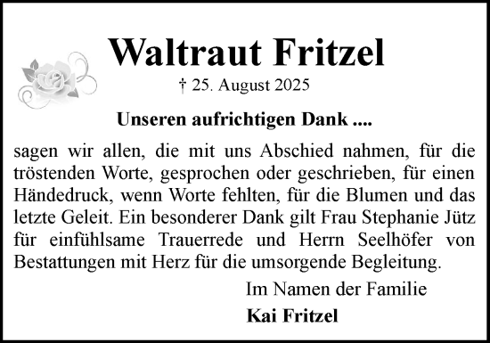 Traueranzeige von Waltraut Fritzel von Flensburger Tageblatt