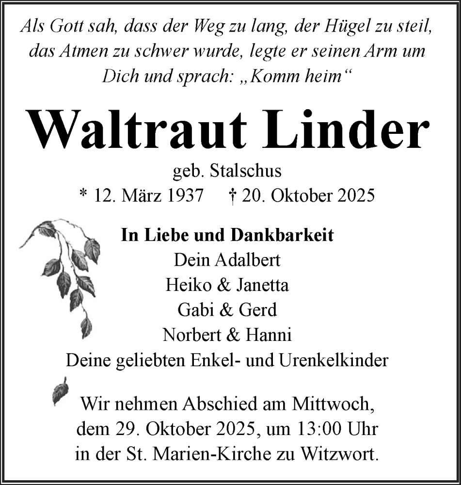  Traueranzeige für Waltraut Linder vom 25.10.2025 aus Husumer Nachrichten, Nordfriesland Tageblatt