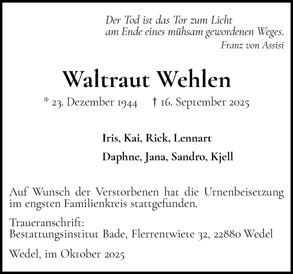  Traueranzeige für Waltraut Wehlen vom 04.10.2025 aus Wedel-Schulauer Tageblatt, tip Wedel-Schulauer Tageblatt, tip Rissener Rundschau
