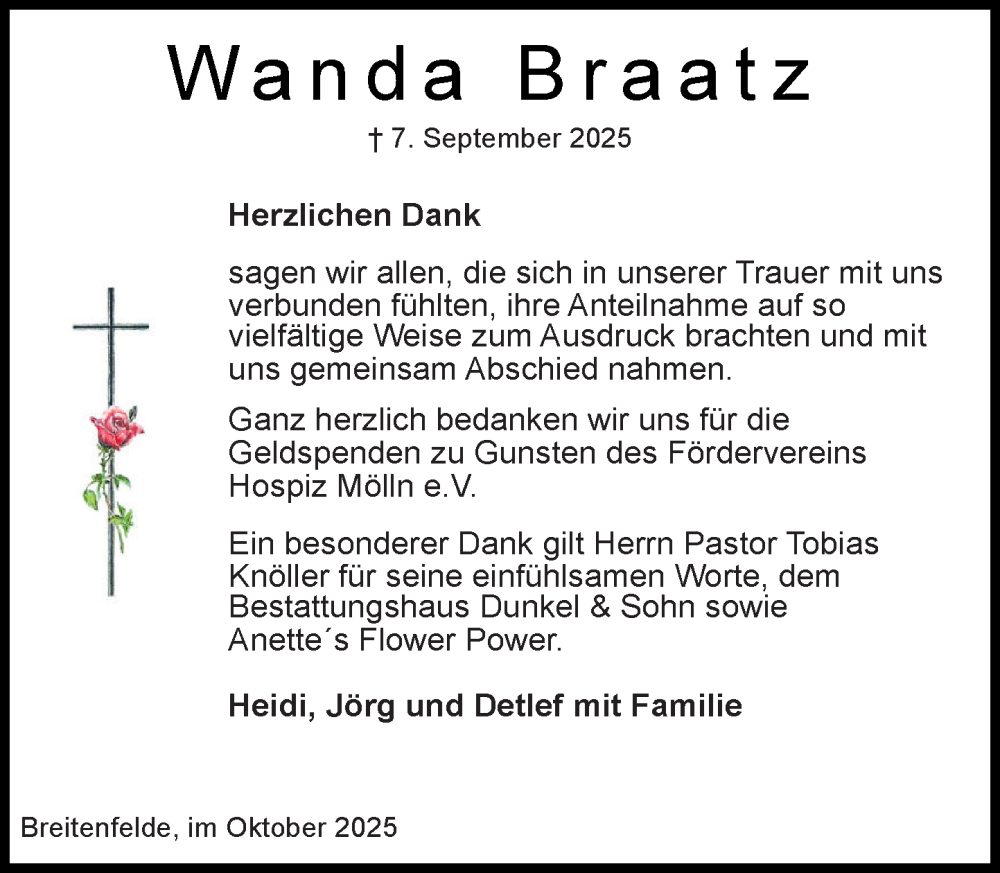  Traueranzeige für Wanda Braatz vom 04.10.2025 aus MARKT Ratzeburg/Mölln