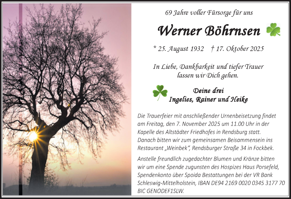  Traueranzeige für Werner Böhrnsen vom 01.11.2025 aus Schleswig-Holsteinische Landeszeitung