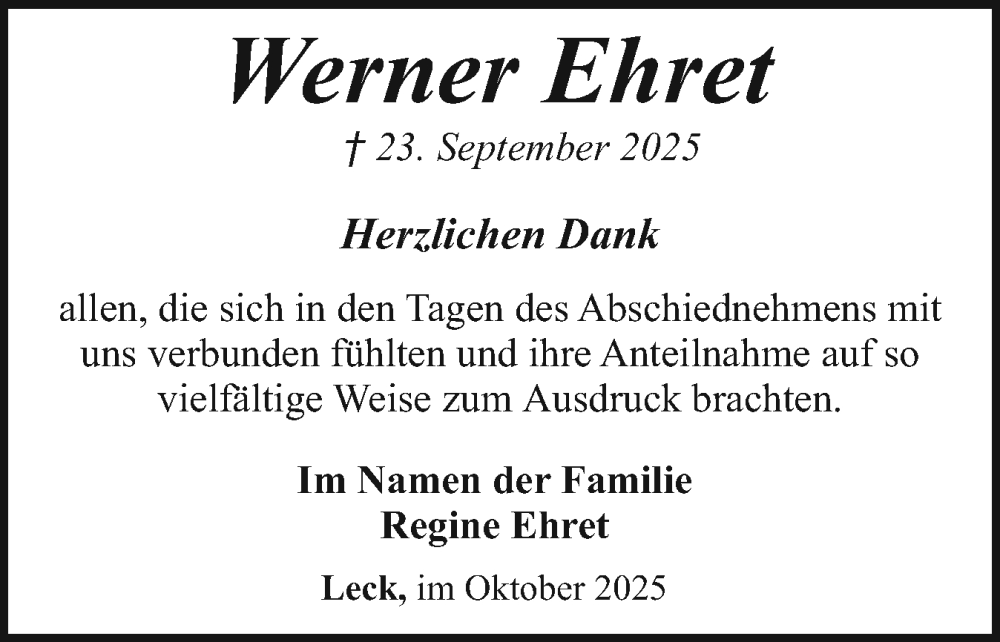  Traueranzeige für Werner Ehret vom 29.10.2025 aus Husumer Nachrichten, Nordfriesland Tageblatt