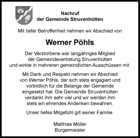 Traueranzeige von Werner Pöhls von Umschau