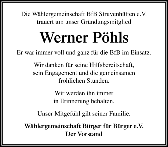 Traueranzeige von Werner Pöhls von Umschau