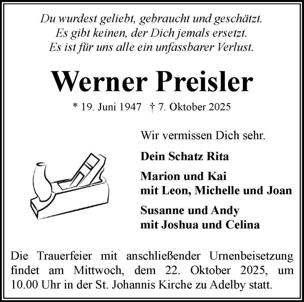  Traueranzeige für Werner Preisler vom 18.10.2025 aus Flensburger Tageblatt