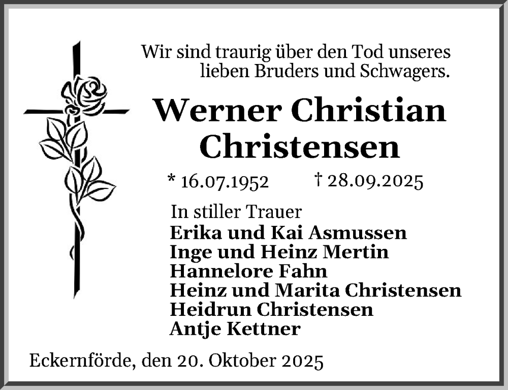  Traueranzeige für Werner Christian Christensen vom 25.10.2025 aus Eckernförder Zeitung, Hallo Eckernförde