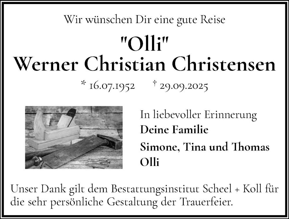  Traueranzeige für Werner Christian Christensen vom 01.11.2025 aus Eckernförder Zeitung, Hallo Eckernförde
